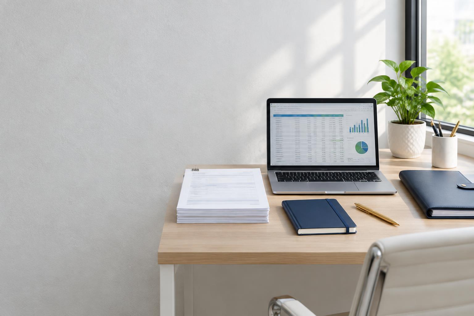 Organized business workspace with a laptop, documents, and a navy notebook
